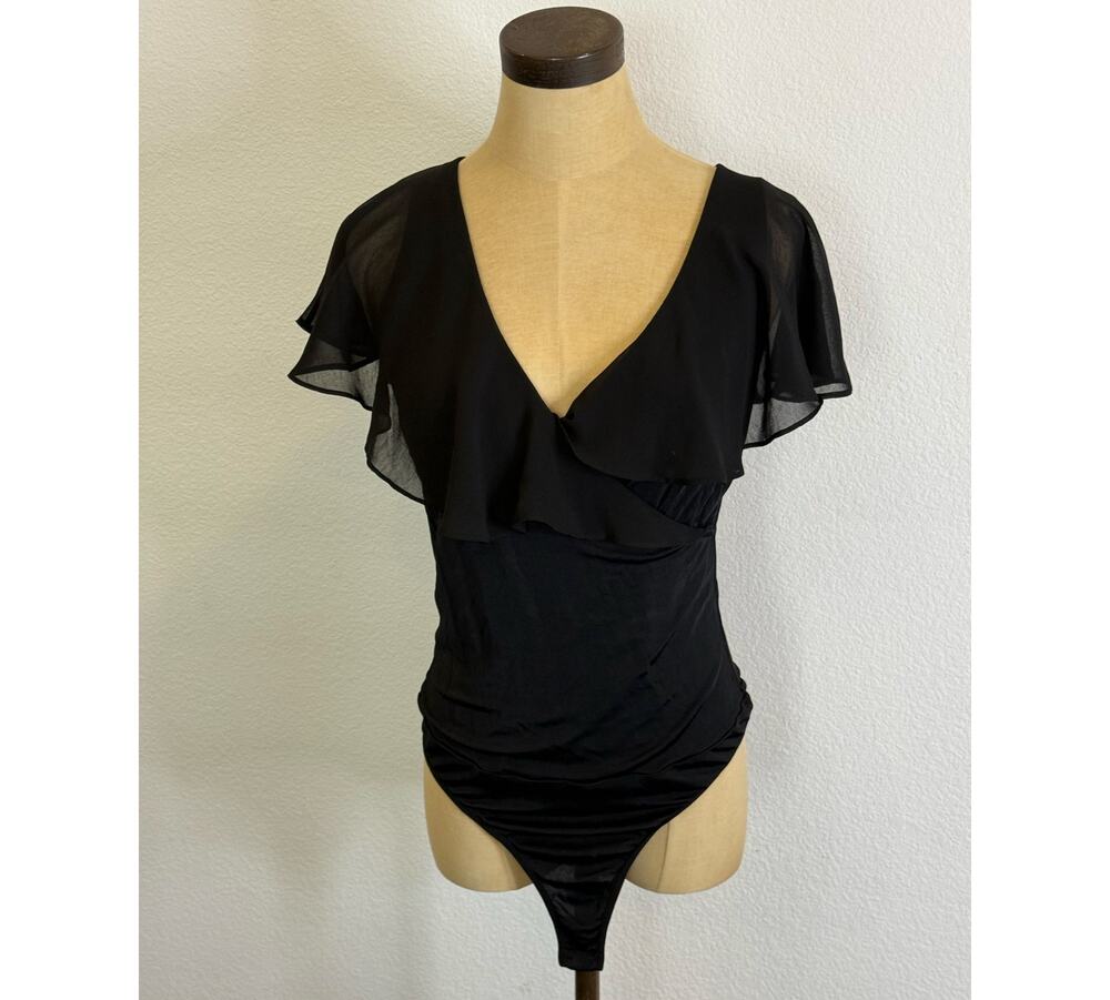 Bebe Ruffle  Cross Body Suit Top Shirt Black Women size L